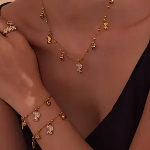 Bijoux Collier Et Bracelet Chien Éléphant Cloche Charme Acier Inoxydable Zircon Incrusté Mode Femmes