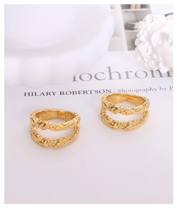 Detailed macro view of 18K gold-plated double-layer rings with hammered lava texture finish