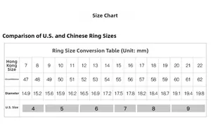 Size chart showing US and HK ring sizes with circumference and diameter in mm