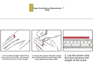 Three-step ring size measurement guide with visual instructions and 18k gold diamond ring