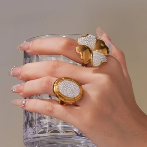Vintage Stainless Steel Open Ring For Women Gold Silver Plated Zirconia Four Leaf Flower Geometric Oval Finger Ring Jewelry