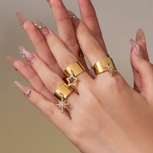 18k gold plated stainless steel wide band rings with sparkling zircon star charms