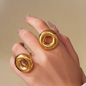Chunky Donut Ring Stainless Steel 18K Gold Plated Hollow Polished Minimalist Open Adjustable Jewelry For Women