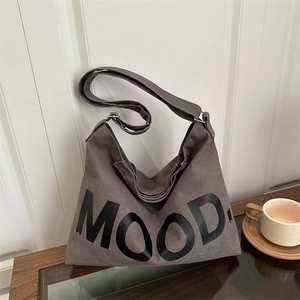 Sac Fourre-Tout en Toile Rétro pour Femmes Grande Capacité Sac à Bandoulière Commuter Simple Avec Impression de Lettres Mood Sac à Main