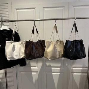 Solid color soft PU leather tote bags with gold chain straps in four colors