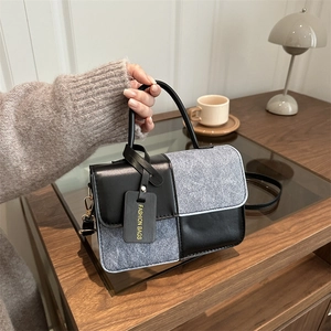 Women Contrast Color Patchwork Crossbody Bag Fashion PU Leather Fabric Top Handle Handbag Small Square Shoulder Bag