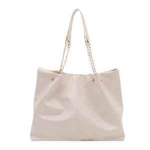 Minimalist beige soft leather tote bag with gold chain straps and large capacity