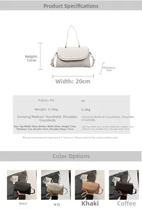 Size guide for PU leather crossbody bag featuring 20x12x7cm dimensions and color options