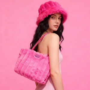 Hot pink faux fur bucket hat and quilted tote bag set for winter fashion