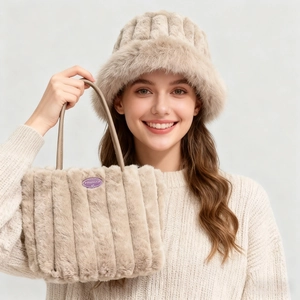 Winter beige plush bucket hat and tote bag set with vertical stripe texture detail