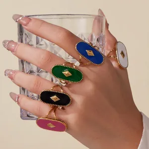 Bague Émail Ovale Rétro Acier Inoxydable Plaqué Or 18K Géométrique Goutte Huile Ajustable Bijoux Mode Bohème Pour Femmes