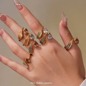 Water Drop Zircon Open Ring Stainless Steel Enamel Oil Drip Feather Wing Geometric Minimalist Adjustable Jewelry For Women