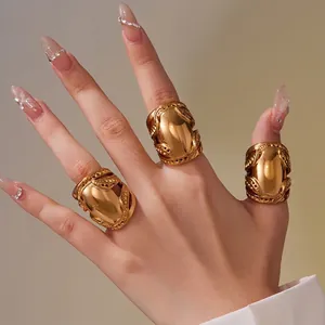 Vintage Chunky Dome Ring Gold Plated Stainless Steel Hollow Out Statement Band For Women Fashion Jewelry