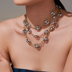Collier multi-rangs bicolore en acier inoxydable avec maillons ancre polis tendance