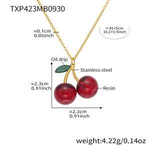 Detailed specs of the red resin cherry pendant with stainless steel chain and size data