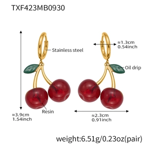 Detailed size specifications for red cherry resin earrings with stainless steel hoops