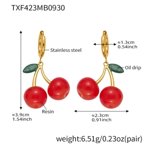 Detailed dimensions of cherry drop earrings with red resin beads and green leaves