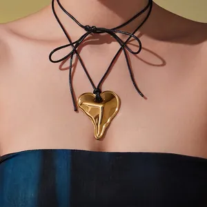 Minimalist Pendant Necklace Stainless Steel 18K Gold Plated Organic Bean Heart Shape Long Leather Cord Jewelry For Women