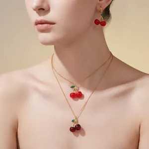 Sweet Cherry Jewelry Necklace Earrings Stainless Steel Resin Fruit Pendant Collection For Women Fresh Cute Fashion Accessories