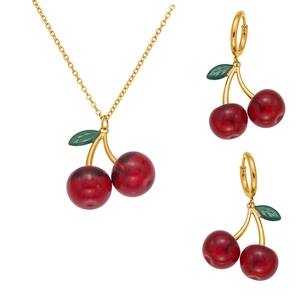 Chic cherry fruit jewelry set with red pendant necklace and matching drop earrings