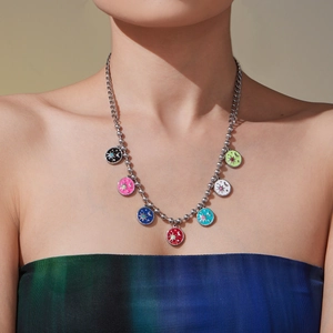 Luxurious stainless steel bead necklace with colorful star moon sun enamel pendants