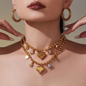 Collier Pendentif Acier Inoxydable Plaqué Or 18K Zircon Cœur Ours Fleur Charmes Chaîne À Billes Bijoux Pour Femmes