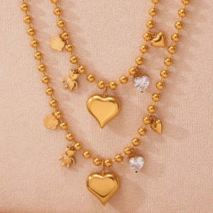 Collier en acier inoxydable plaqué or 18K avec pendentifs cœur, ours, fleur et zircon