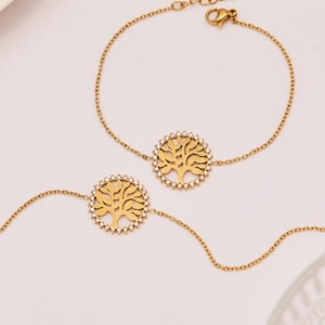 Ensemble de bracelets Arbre de Vie en acier doré avec des cristaux de zircon blancs