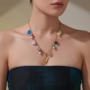 Stainless Steel Necklace With Colorful Resin Mushroom Flower Butterfly Zircon Heart Pendants Sweet Y2K Jewelry For Women