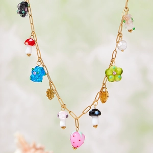Colorful resin flower and mushroom multi-pendant gold necklace for women