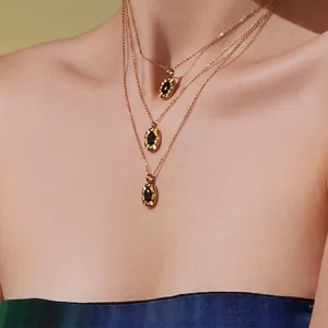 Geometric Oval Pendant Necklace Stainless Steel With Black Zircon Vintage Gold Plated Tarnish Resistant Jewelry For Women