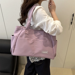 Lilac purple large capacity nylon tote bag with fashion label for work and daily commute