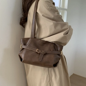 Vintage large dark brown leather tote bag with gold buckle for women daily commute