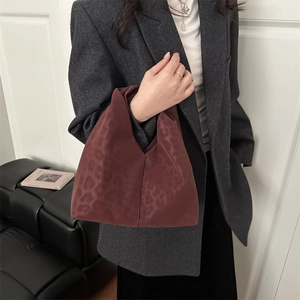 Burgundy leopard print suede tote bag for women stylish casual large capacity handbag