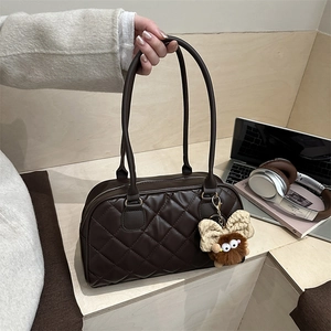 Women Quilted Shoulder Bag PU Leather Boston Tote Bag With Plush Monster Charm Large Capacity Chic Handbag For Commute Daily