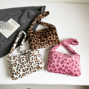 Plush leopard print tote bag set in brown, pink and white faux fur stylish shoulder bags