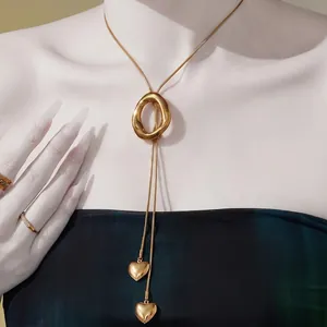 Stainless Steel Heart Lariat Necklace 18K Gold Plated Irregular Ring Slider Snake Chain Adjustable Long Jewelry For Women