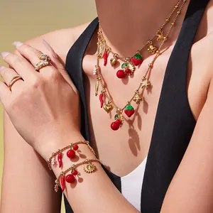 Collier Bracelet Bohème En Acier Inoxydable Plqué Or Breloques Émail Coloré Fruits Cerise Fraise Soleil Cœur Bijoux Femme