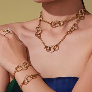 Collier Et Bracelet En Anneaux Ronds Entrelacés Incrustés De Zircon Ton Or Acier Inoxydable Bijoux De Mode Élégants Femmes