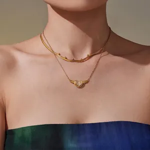 Edelstahl Halskette Herz Engel Flügel Anhänger Doppel Lagig Zirkon Eingelegt Schlangenkette Mit Perlen Mode Schmuck Damen