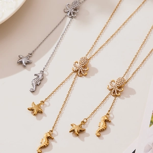 Collier en Y en acier inoxydable avec pendentifs poulpe et étoile de mer et zircons 5A