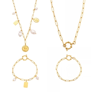 Gold paperclip link jewelry set with baroque pearl, coin pendant and square charms