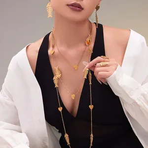 18K Gold Plated Stainless Steel Necklace Earrings And Ring Elegant Fish Bone Heart Design Jewelry For Women