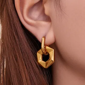 Minimalist Stainless Steel Hexagonal Geometric Hoop Earrings Gold Silver Plated Hollow Pendant Earrings For Women Jewelry