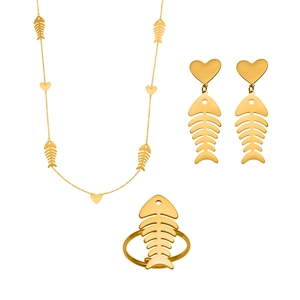Golden jewelry set featuring fishbone and heart necklace, earrings and statement ring