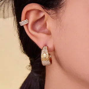 Flower Pattern C Shaped Hoop Earrings And Ear Cuff Stainless Steel Zircon Pavé Vintage Aesthetic Jewelry For Women