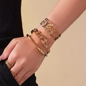 Bracelet Jonc En Acier Inoxydable Plaqué Or Zircon 5A Étoile Croix Cœur Bijoux De Mode Religieuse Pour Femmes