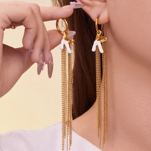 18k gold plated letter K tassel earrings with white charm and long beaded chains