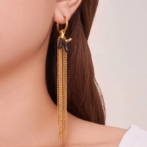 Letter K drip oil tassel earrings in 18k gold plating with black coral accent