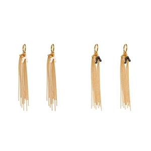 Golden stainless steel hoop earrings with long bead chain tassels and enamel letter charms